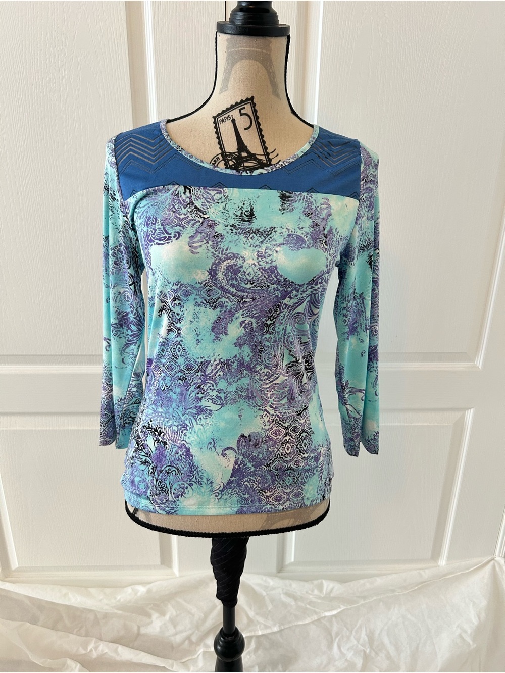 Cato Blue & Aqua Patterned Long Sleeve Scoop Neck Top